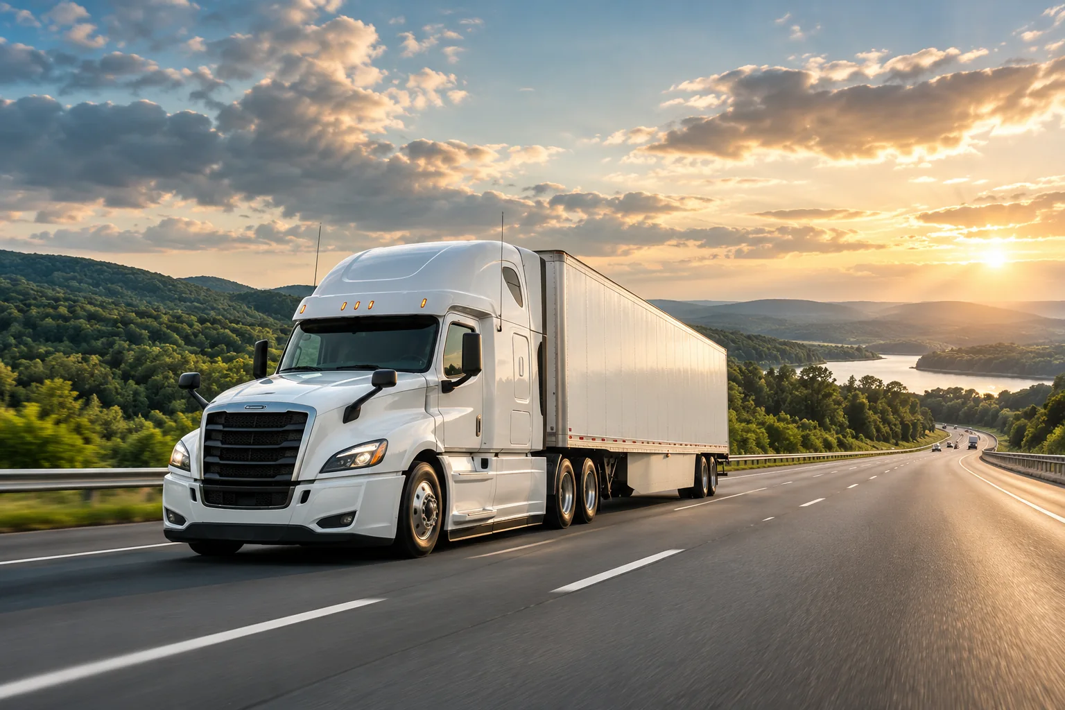 White freight truck on a highway at sunset