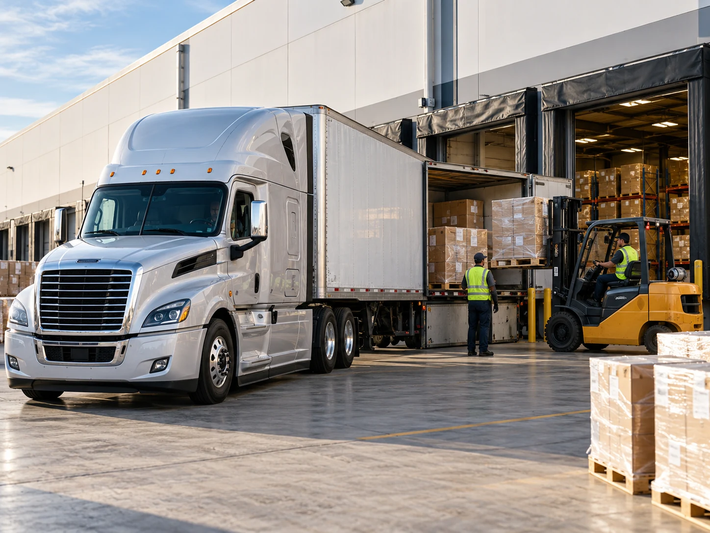 Semi-truck at a warehouse while workers unload palletized freight